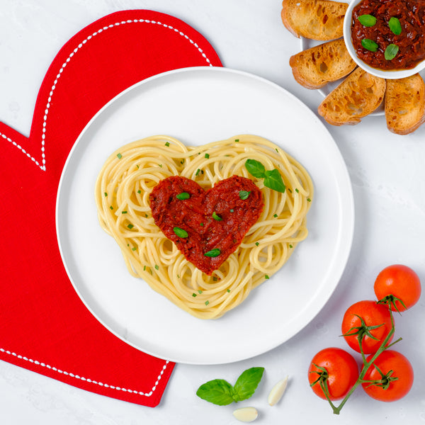 Pasta in a Heart Shape with a Heart of Amelias Tomato Sauce on top