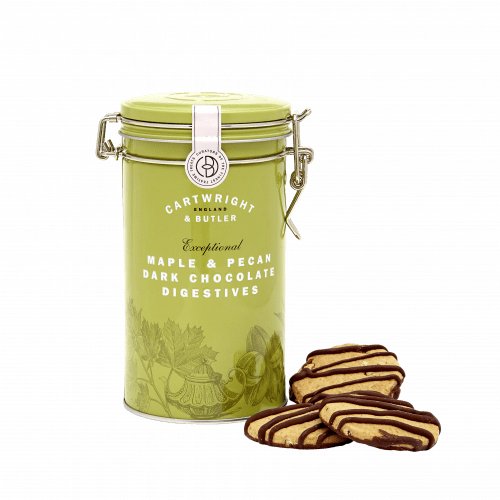 Maple & Pecan Dark Chocolate Digestive Biscuits in Tin - 200 g Terramar Imports