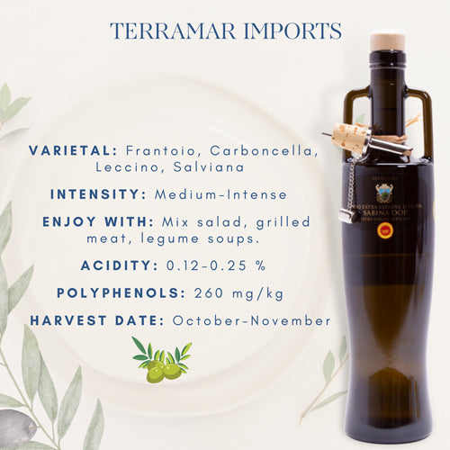 Sabina DOP Medium Intense Extra Virgin Olive Oil Terramar Imports
