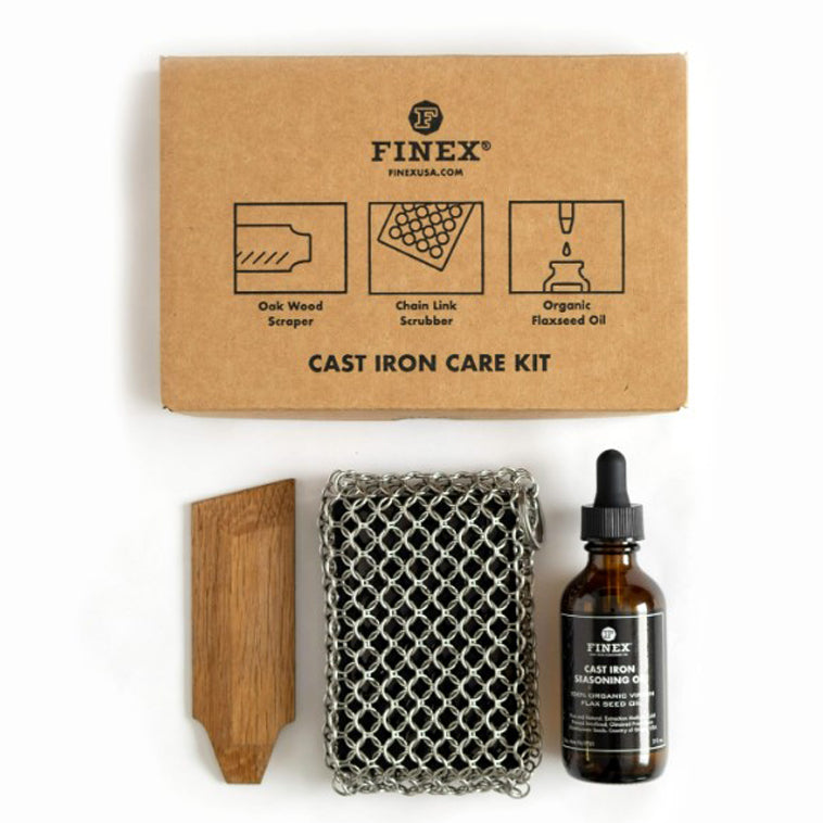 Finex Care Kit (Oak Scraper, Chainmail Scrubber, Flaxseed Oil 2 fl. oz). Terramar Imports