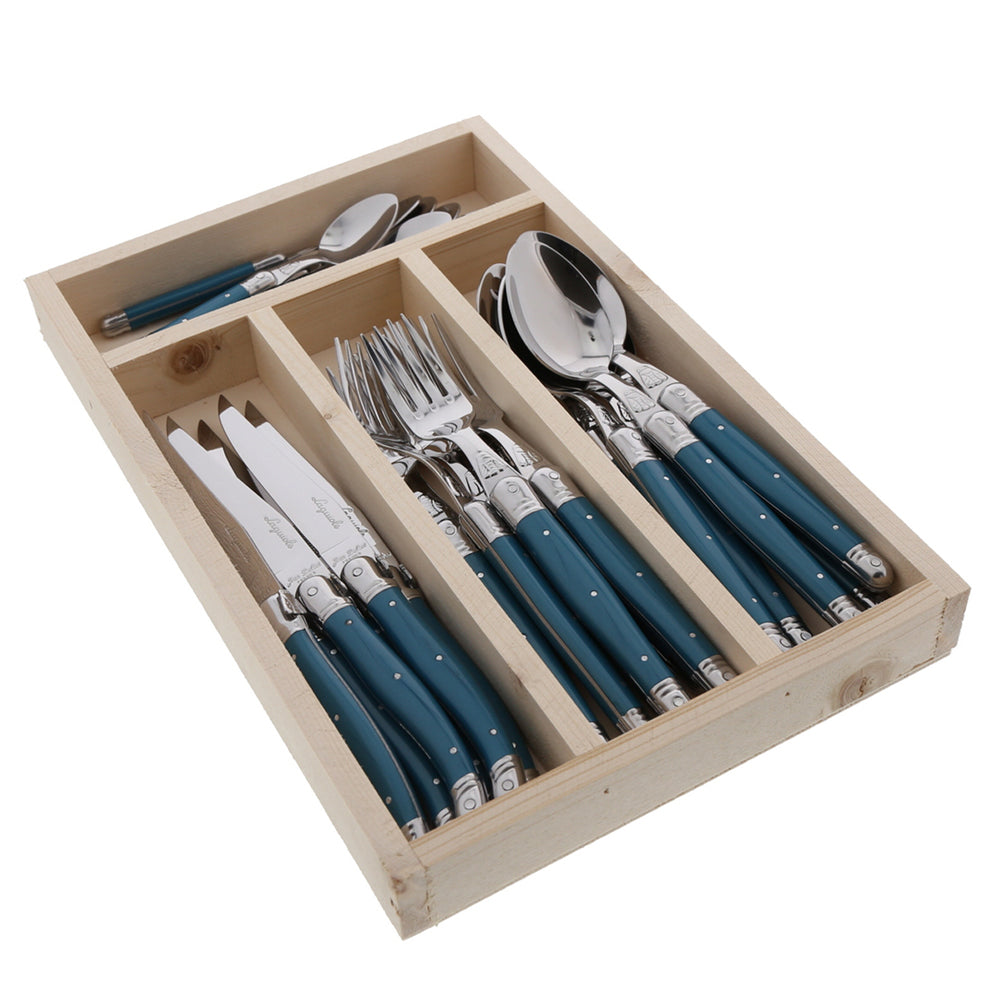 24 Pc Everyday Flatware Set with Blue Teal Colored Handles Terramar Imports