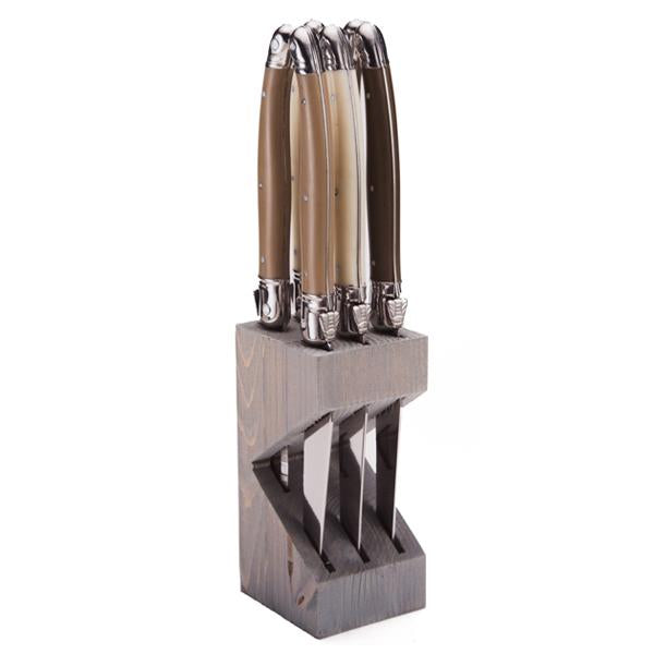 Linen Colored Steak Knives in Wooden Block - 6 pc Terramar Imports