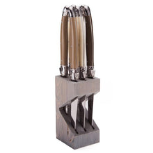 Load image into Gallery viewer, Linen Colored Steak Knives in Wooden Block - 6 pc