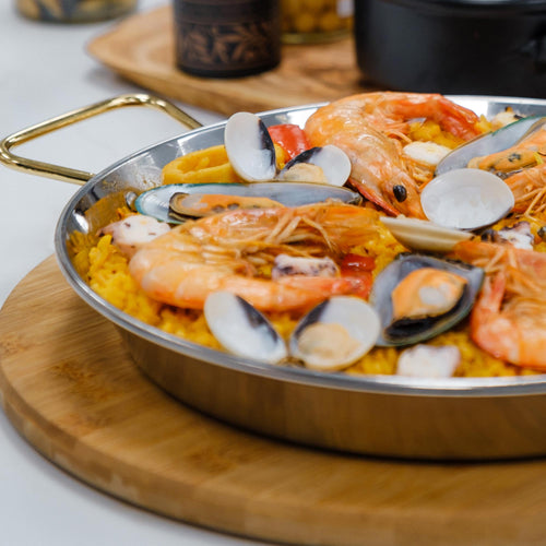 Paella Pan - Polished Steel Gold Handles - 15 In (38 cm) / 8 servings Terramar Imports