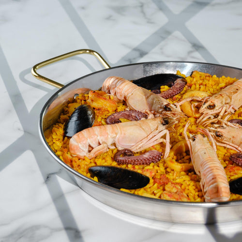 Spanish Cooking Gift Set - Polished Steel Paella Pan, Bomba Rice & Saffron  